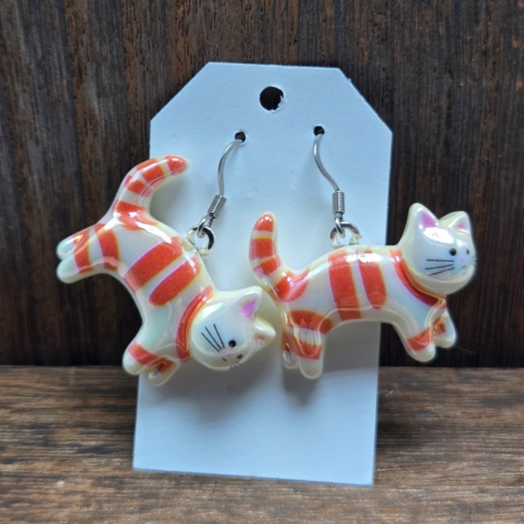 Nwt Orange Cat Earrings Pierced Striped Cat Lady Dangle Drop Jewelry Handmade